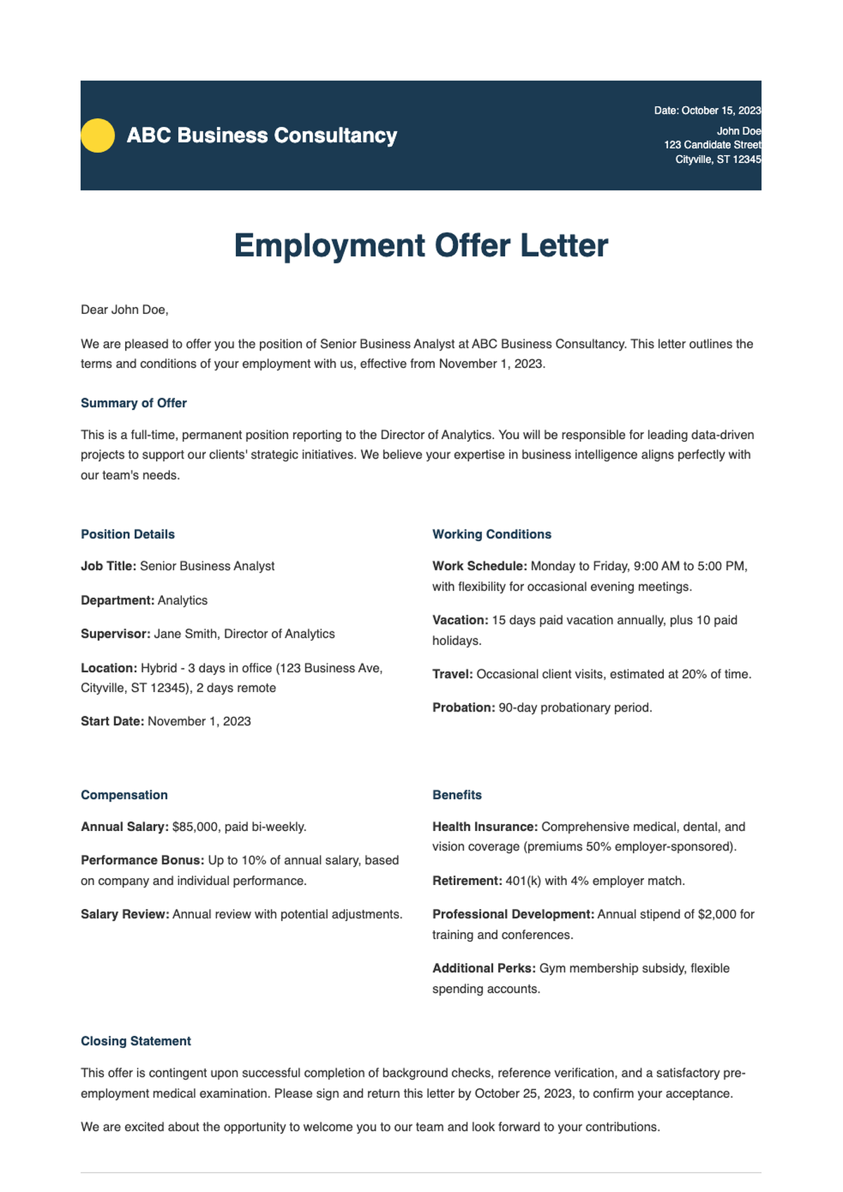 Professional employment offer letter with yellow accents and company branding_variant_2